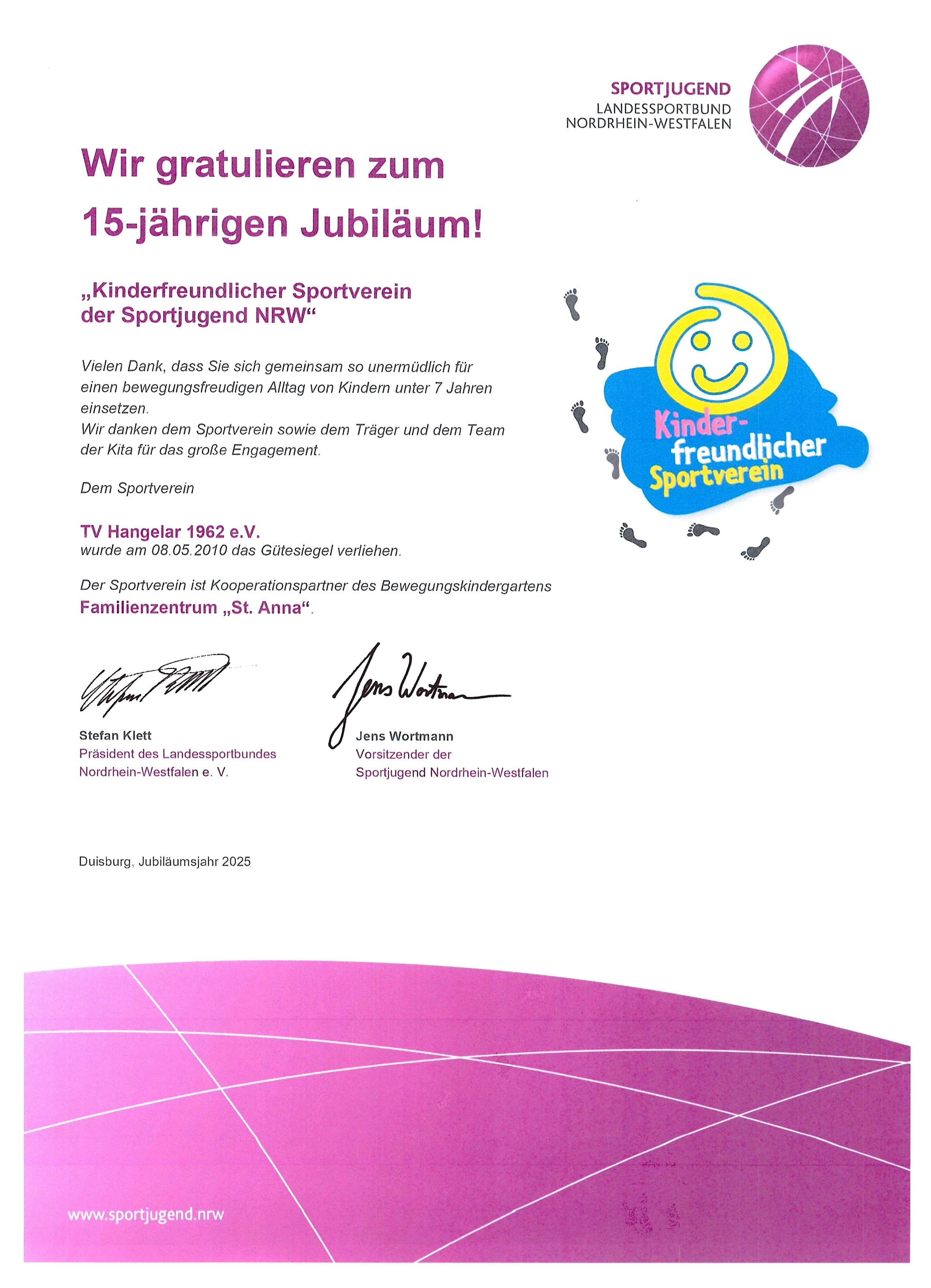 Urkunde LSB 25 Jahre Kinderfreundlicher Sportverein